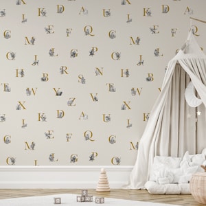 Golden Alphabet Letters & Etched Animals Alphabet Wallpaper - Removable Self-adhesive Wallpaper - Peel and Stick