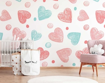 Pink and Turquoise Heart and Polka Dot Amelia Wallpaper Mural - Removable Self-adhesive Wallpaper - Peel and Stick