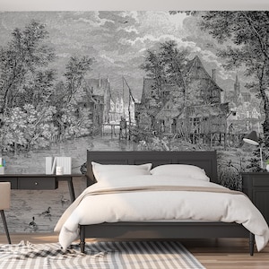Vintage River Scene Etching Landscape Poullain Wallpaper Mural - Removable Self-adhesive Wallpaper - Peel and Stick
