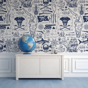 Blue Pirate Map & Skulls Blackbeard Navy Wallpaper Mural - Removable Self-adhesive Wallpaper - Peel and Stick