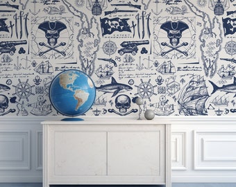 Blue Pirate Map & Skulls Blackbeard Navy Wallpaper Mural - Removable Self-adhesive Wallpaper - Peel and Stick