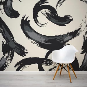 Black and Grey Large Scandinavian Abstract Brushstroke Gergo Wallpaper Mural - Removable Self-adhesive Wallpaper - Peel and Stick