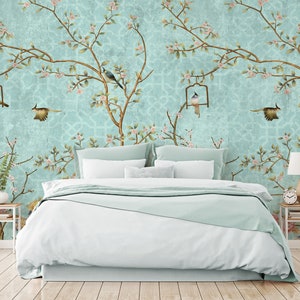 Blue Chinoiserie Branches, Birds and Flowers Chisine Wallpaper Mural - Removable Self-adhesive Wallpaper - Peel and Stick