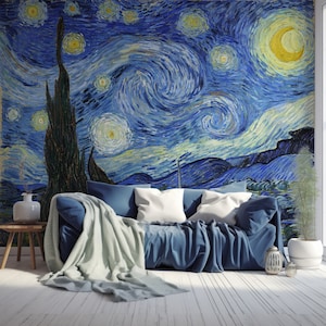 Swirling Oil Painting of Stars Above A Small Village Starry Night Wallpaper Mural - Removable Self-adhesive Wallpaper - Peel and Stick