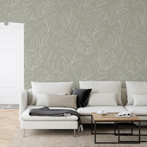 Green Minimalistic Monstera Leaf Outlines Minimal Monstera Green Wallpaper - Peel and Stick
