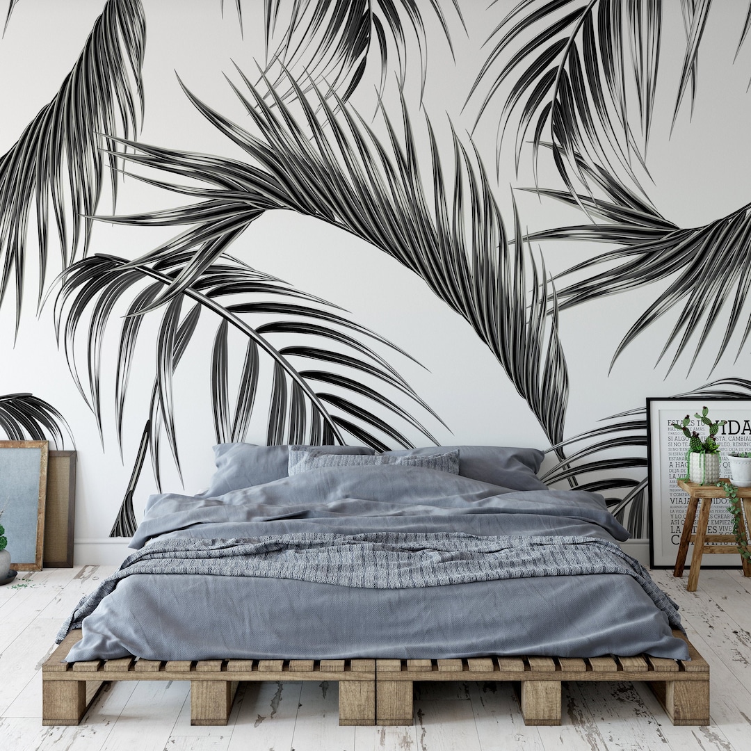 Black and White Palm Leaf Wallpaper Mural – Tropical Scandinavian Peel ...