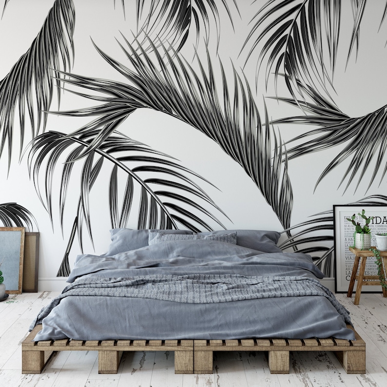 Black and White Palm Leaf Wallpaper Mural – Tropical Scandinavian Peel ...