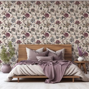 Elegant Burgundy Red Chinoiserie Floral Aphrodite Forest Wallpaper - Removable Self-adhesive Wallpaper - Peel and Stick