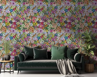 Painted Bright Colourful Floral Pattern Eurydice Wallpaper Mural - Removable Self-adhesive Wallpaper- Peel and Stick Wallpaper