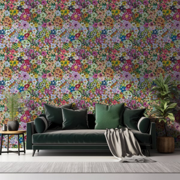 Painted Bright Colourful Floral Pattern Eurydice Wallpaper Mural - Removable Self-adhesive Wallpaper- Peel and Stick Wallpaper