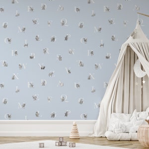 Blue Alphabet Letters & Etched Animals Alphabet Wallpaper - Removable Self-adhesive Wallpaper - Peel and Stick