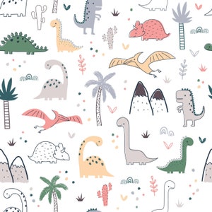 May include: A seamless pattern featuring various dinosaurs, including a pink triceratops, a green stegosaurus, a yellow brachiosaurus, and a gray pterodactyl. The pattern also includes palm trees, cacti, and mountains.