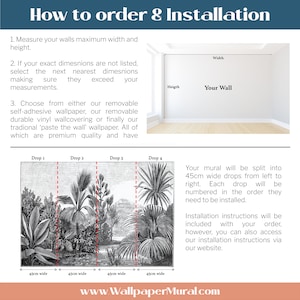 May include: A diagram showing how to measure a wall for a mural and how to install the mural. The mural is split into four 45cm wide drops, numbered 1 through 4. The image includes the text "How to order & Installation" and "www.WallpaperMural.com".