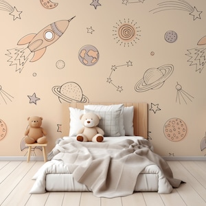 Children's Beige & Cream Space Wrigure Beige Wallpaper Mural - Removable Self-adhesive Wallpaper - Peel and Stick