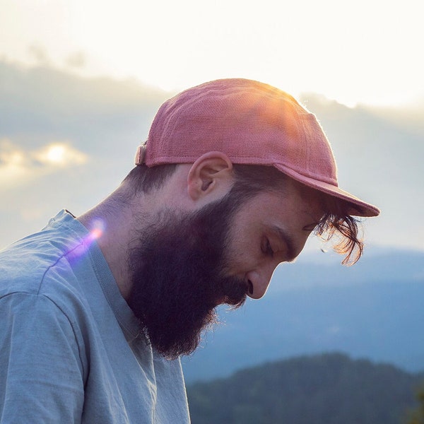 Handmade 5 panel cap. Blanc five panel hat made of linen. Pink linen camp cap with short and soft brim. Cycling cap inspired.