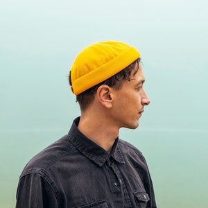 Handmade Ochre Cotton Docker Hat: Unisex Brimless Beanie