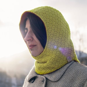 Handmade reversible balaclava hat. Warm winter hooded scarf. Limited edition yellow hooded cowl. Woolen winter hat. Ski mask image 1