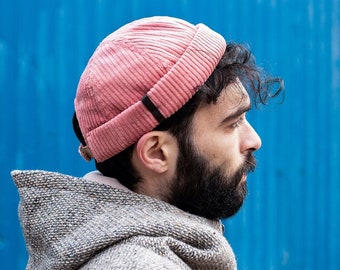 Handmade pink docker hat with pencil holder. Docker cap made of 100% cotton corduroy. Unisex beanie.