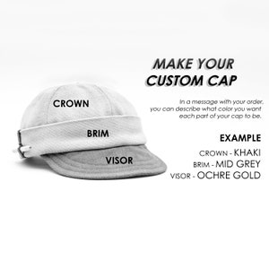 Può includere: Un cappellino personalizzato con corona kaki, tesa grigio medio e visiera oro ocra. L'immagine include il testo "MAKE YOUR CUSTOM CAP" e le istruzioni per specificare i colori di ogni parte del cappellino.
