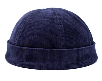 Dark blue docker hat made of corduroy. Unisex Brimless cap with vintage striped blue liner. Ribbed velvet docker cap | limited edition |