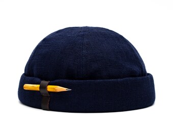 Limited edition handmade docker hat. Unisex docker cap made of 100% linen. Vintage beanie with pencil holder. Skull cap. Brimless hat.