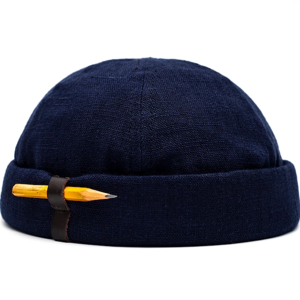 Handgefertigter Hafenhut in limitierter Auflage. Unisex Dockermütze aus 100% Leinen. Vintage Beanie mit Stiftehalter. Totenkopf Mütze. Hut ohne Hut.