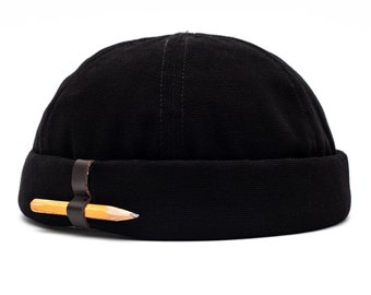 Handmade docker hat. Unisex docker cap made of 100% black cotton canvas. Beanie with pencil holder.