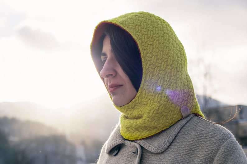 Handmade reversible balaclava hat. Warm winter hooded scarf. Limited edition yellow hooded cowl. Woolen winter hat. Ski mask image 1