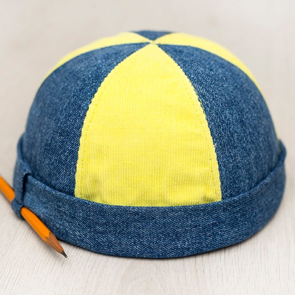 Handmade docker hat. Brimless hat made of recycled denim and Corduroy. Zero waste limited edition hat with pencil holder.