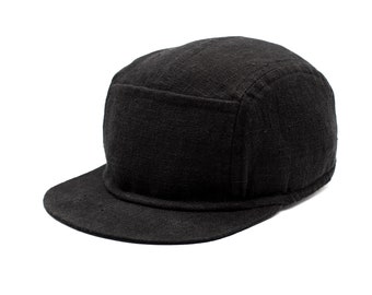 Black Linen 5 Panel Camp Cap: Unisex Cycling Baseball Hat