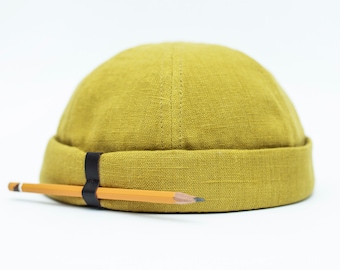 Cappello docker fatto a mano in edizione limitata con portapenne. Berretto Docker realizzato al 100% in lino. Cappello rotondo unisex. Cappello senza tesa / berretto con teschio