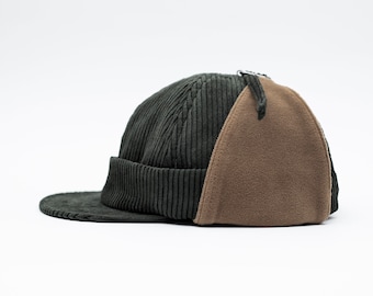 Handmade docker beanie with short flip brim and earflaps. Unisex Docker cap made of corduroy. Winter docker hat with fleece liner.