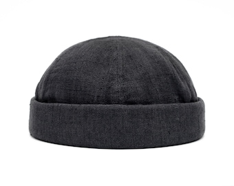 Handmade Linen Docker Hat: Unisex Brimless Beanie