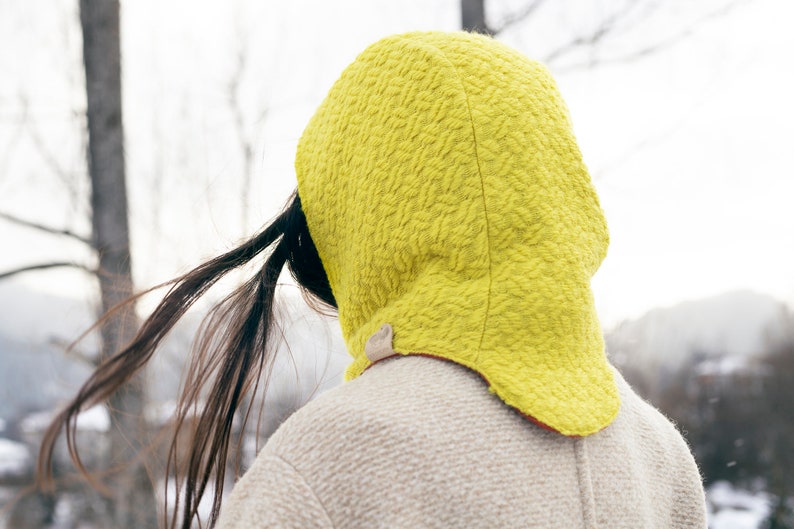 Handmade reversible balaclava hat. Warm winter hooded scarf. Limited edition yellow hooded cowl. Woolen winter hat. Ski mask image 2