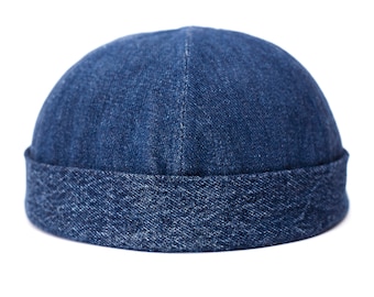 Docker cap made of blue denim. Handmade limited edition brimless hat.