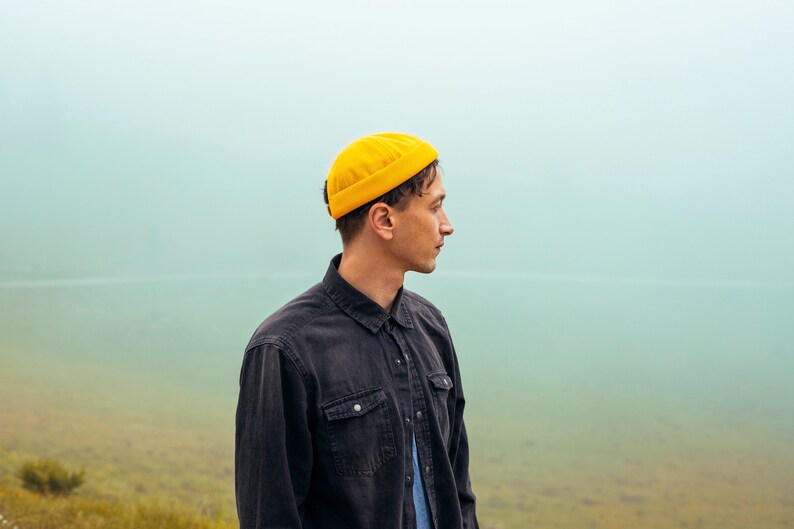 Handmade docker hat. Unisex ochre docker cap made of 100% cotton canvas. Artistic Beanie. Brimless hat. image 1