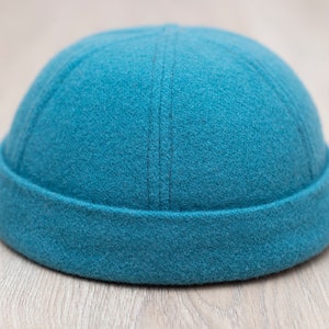 Handmade docker hat. Soft and fluffy docker beanie. Blue brimless hat with retro pattern liner. Limited edition