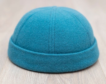 Handmade docker hat. Soft and fluffy docker beanie. Blue brimless hat with retro pattern liner. Limited edition