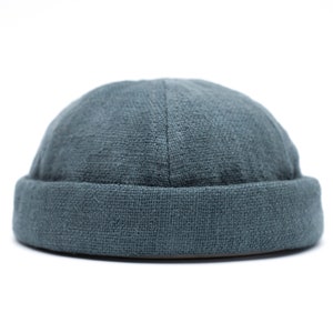 Handmade docker hat. Docker cap made of 100% european linen. Blue beanie. Unisex brimless hat.