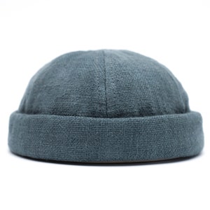 Handmade Linen Docker Cap: Blue Brimless Beanie