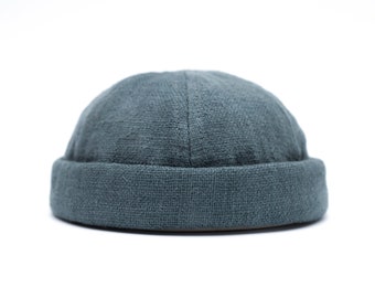 Handmade docker hat. Docker cap made of 100% european linen. Blue beanie. Unisex brimless hat.