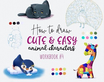 Como Desenhar Personagens Animais Fofos e Fáceis. Caderno de Exercícios 4 (Procreate e PDF) Guia passo a passo para iniciantes sobre como desenhar criaturas adoráveis.