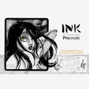 May include: A digital illustration of a woman with long black hair and golden eyes, holding a whale. The image is on a tablet screen. The text "INK 60 brushes for Procreate + 176 pages workbook full of tips & step-by-step tutorials" is displayed above the tablet.