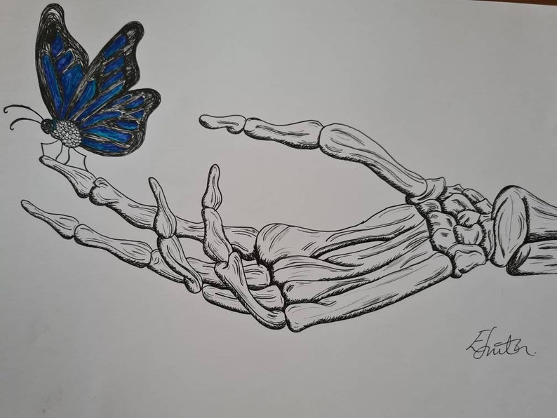 Skeleton hand holding a butterfly original hand Drawing | Etsy