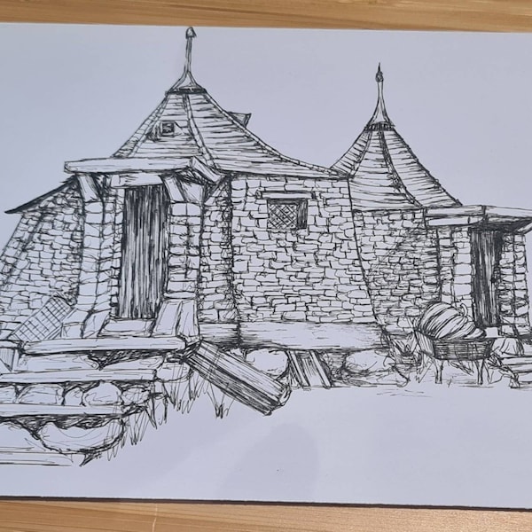 Hagrids Hut Fineline Zeichnung - Harry Potter inspirierte Kunst