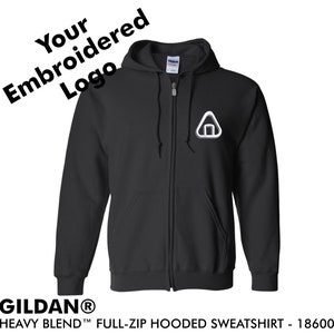 May include: Black full-zip hooded sweatshirt with a white geometric logo on the front. Gildan® Heavy Blend™ Full-Zip Hooded Sweatshirt - 18600