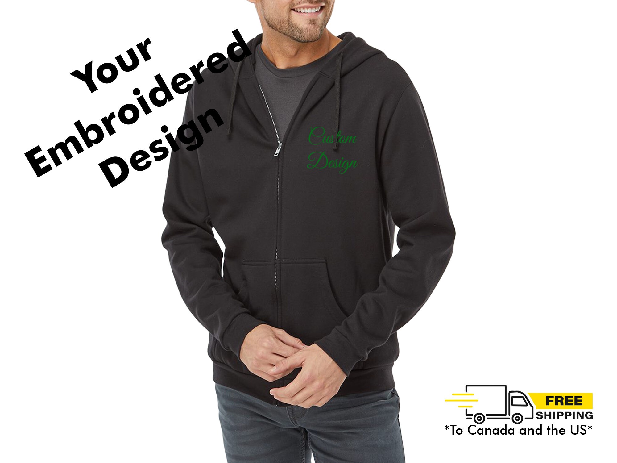 Custom Embroidered Zip up Hoodie Logo Embroidery Zipper - Etsy Canada