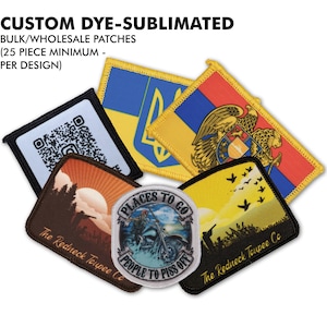 May include: A selection of custom dye-sublimated patches featuring various designs, including a sunset scene, a motorcycle, and a bird in flight. The patches are all rectangular and have a yellow border. The text "The Redneck Toupee Co" is visible on two of the patches.