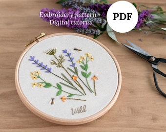 Motif de broderie à la main de fleurs sauvages, tutoriel numérique floral facile pour les débutants, cerceau de fleurs des prés avec instructions