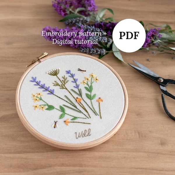Wildflowers Hand Embroidery Pattern, Easy Floral Digital Tutorial for Beginners, Meadow Flowers Hoop Art with Instructions